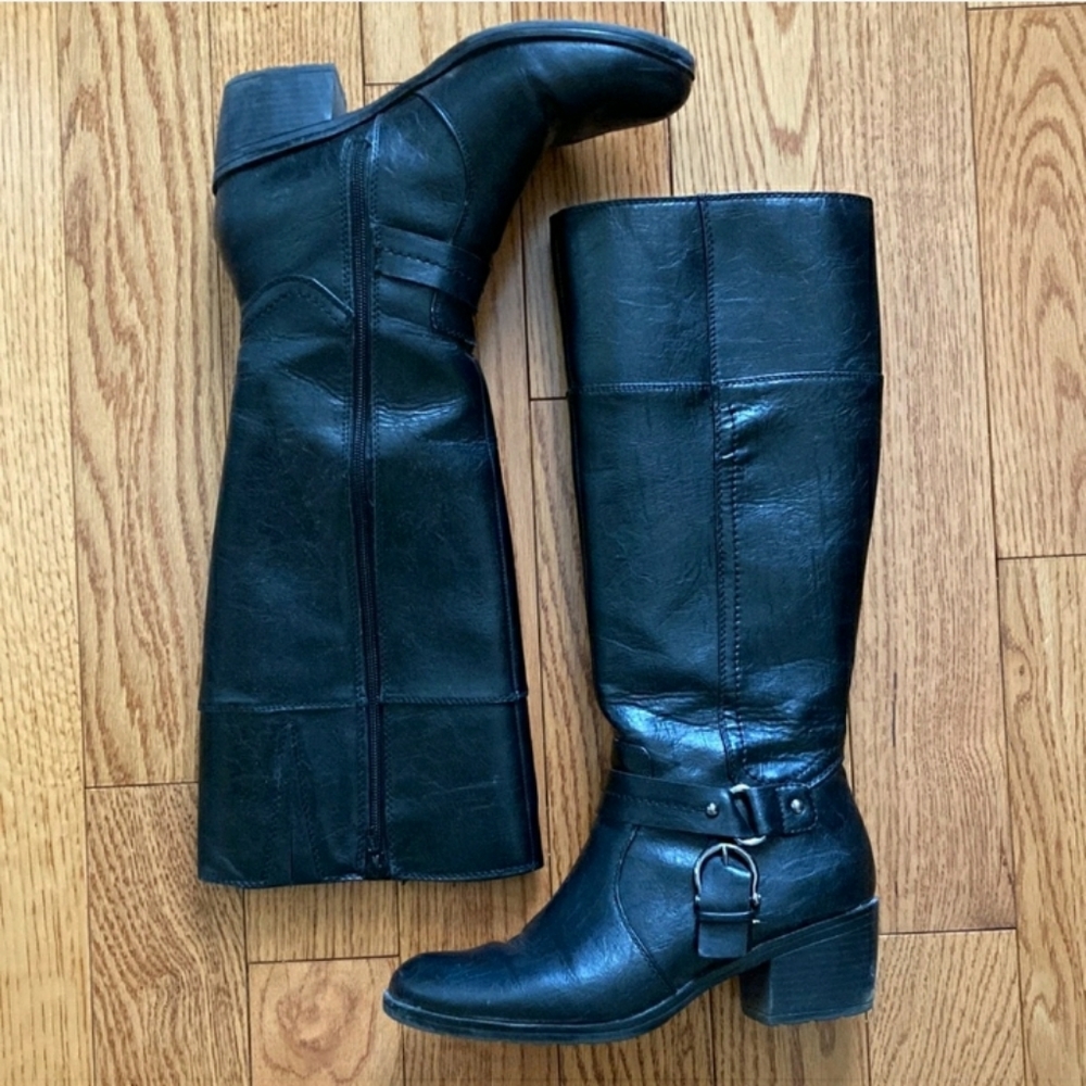 Tall Boots, Black, Harness detail, 2" heel, 8W, Very Good Condition! Fall Boots - Picture 2 of 6